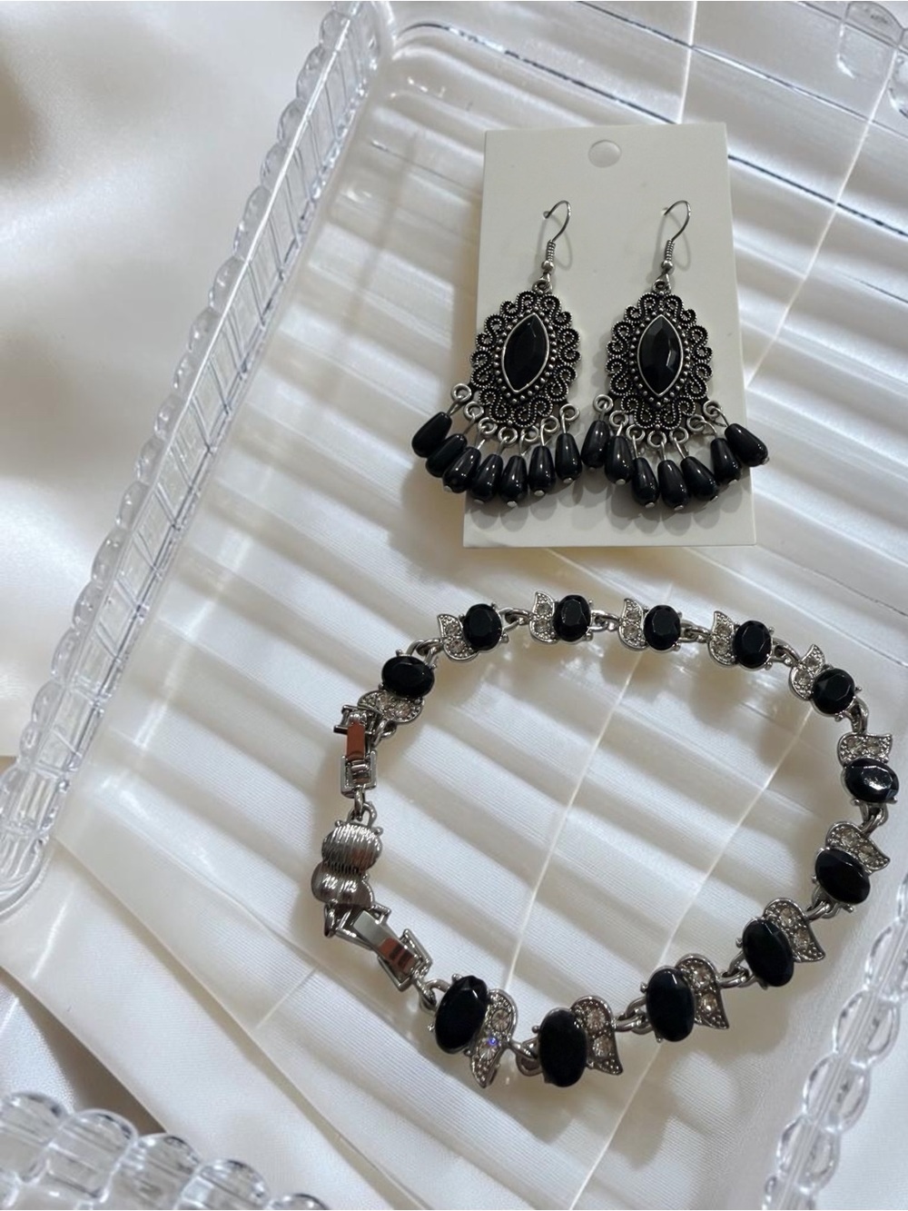 Black Stone Silver-Tone Bracelet and Earrings Set